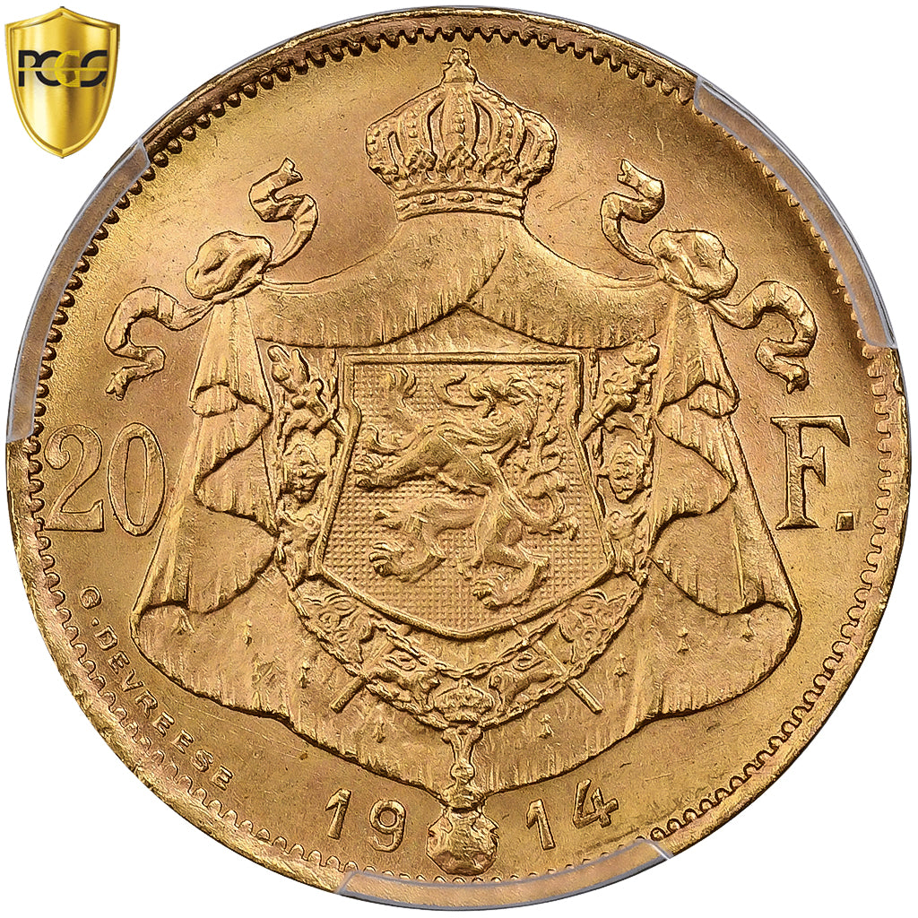 België, Albert I, 20 Francs, 20 Frank, 1914, Brussels, Goud, PCGS, MS65, KM:78