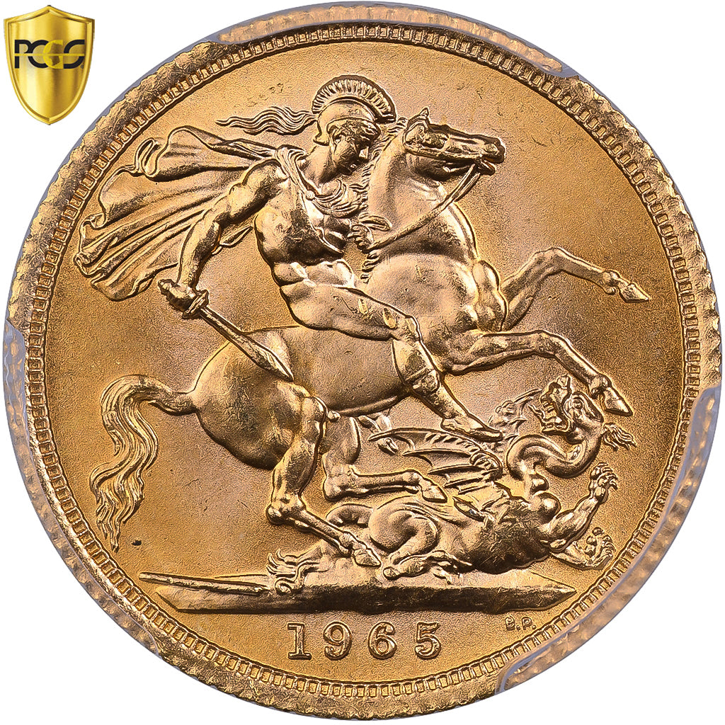 Grã-Bretanha, Elizabeth II, Sovereign, 1965, Dourado, PCGS, MS64, KM:908