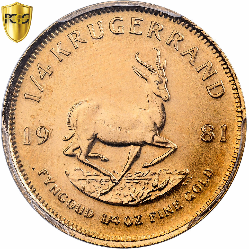 África do Sul, 1/4 Krugerrand, 1981, Pretoria, 1/4 Oz, Dourado, PCGS, MS67