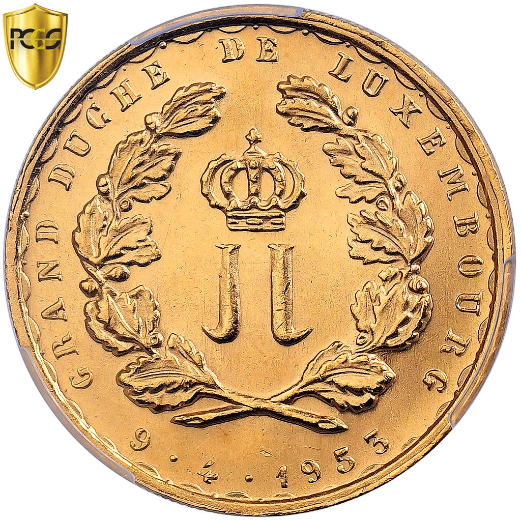 Luxembourg, 20 Francs, Mariage du prince héritier, 1953, Brussels, Gold, PCGS