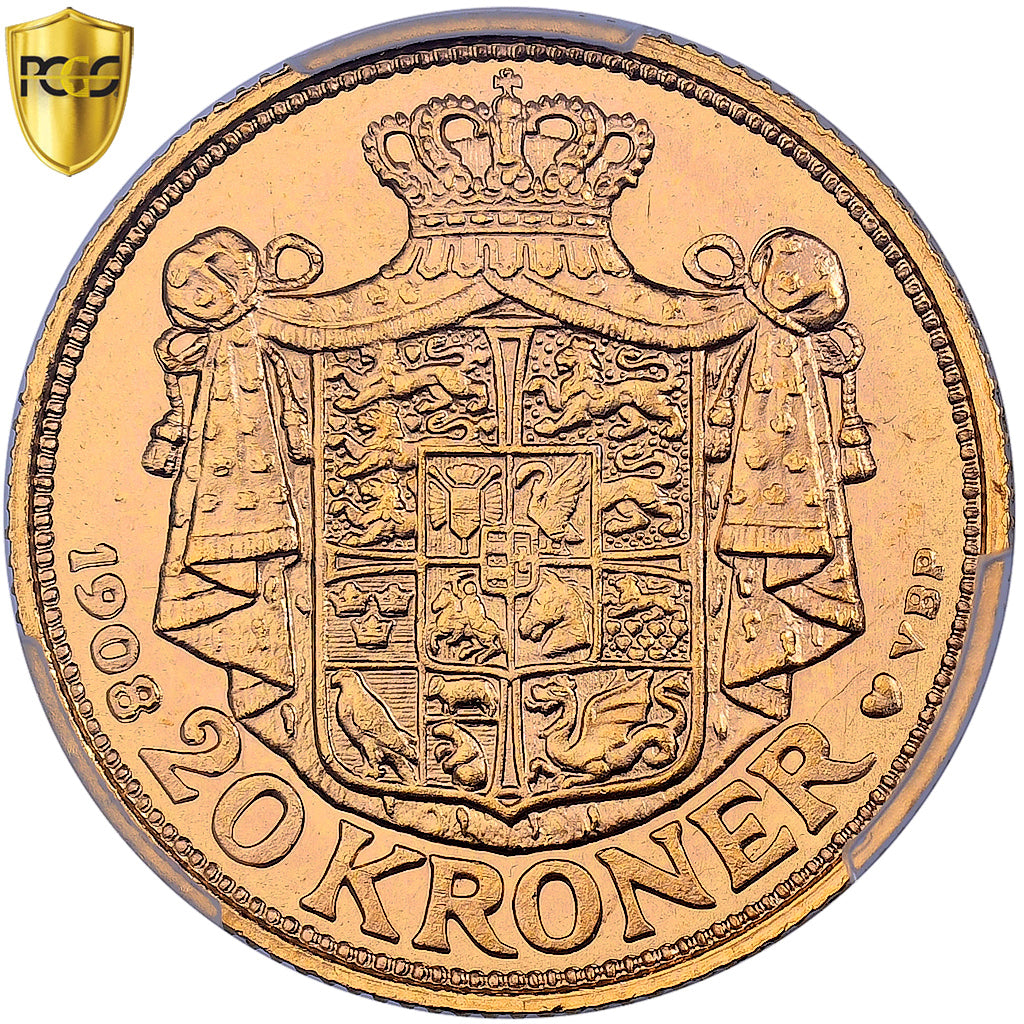 Denmark, Frederik VIII, 20 Kroner, 1908, Copenhagen, Gold, PCGS, MS65, KM:810