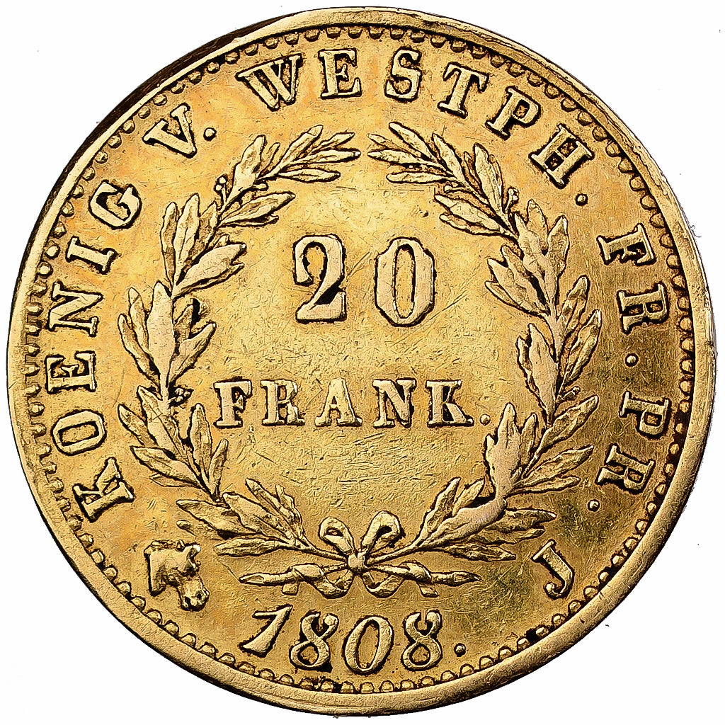 German States, WESTPHALIA, Jérôme Bonaparte, 20 Franken, 1808, Paris, Gold