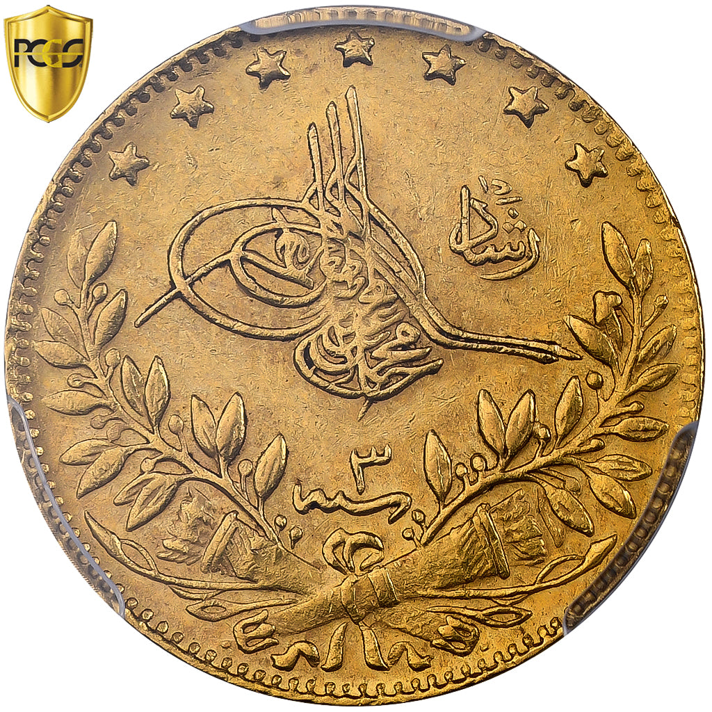 Turkey, Muhammad V, 25 Kurush, 1911/AH1327, Qustantiniyah, Gold, AU53, KM:752