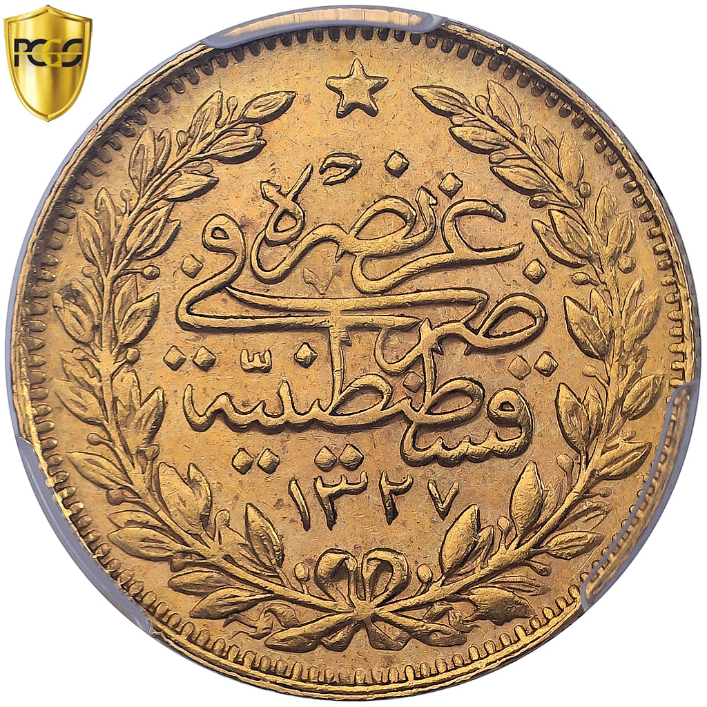 Turkey, Muhammad V, 25 Kurush, 1911/AH1327, Qustantiniyah, Gold, AU53, KM:752