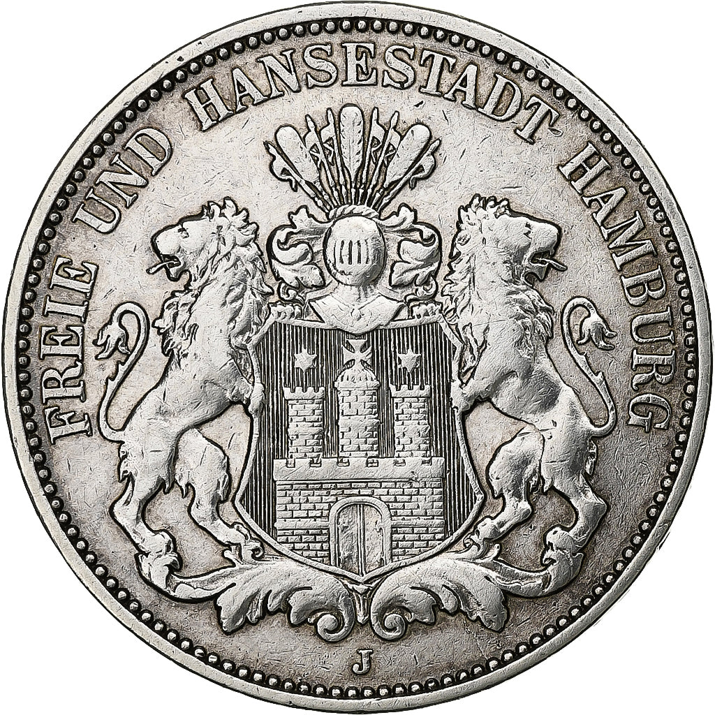German States, HAMBURG, 3 Mark, 1909, Hamburg, Silver, VF(30-35), KM:620