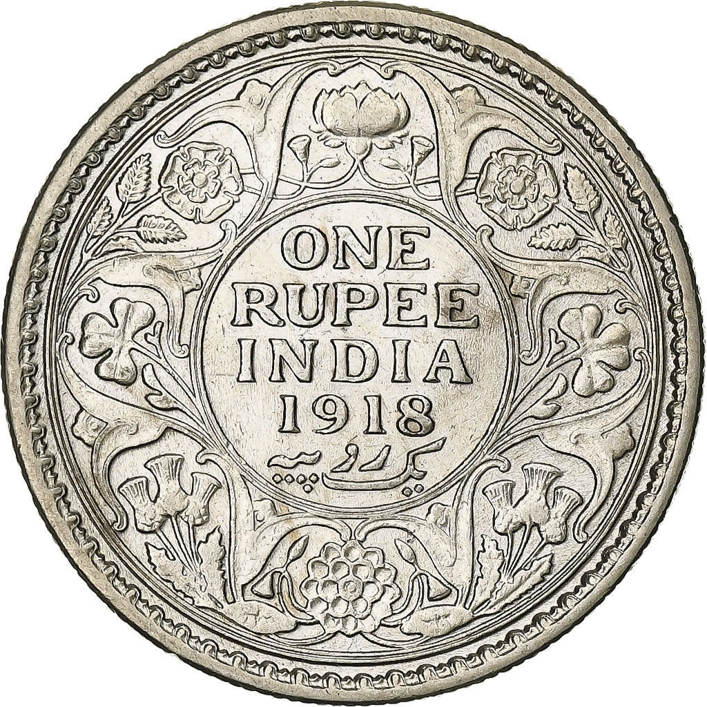INDIA-BRITISH, George V, Rupee, 1918, Calcutta, Silver, AU(50-53), KM:524