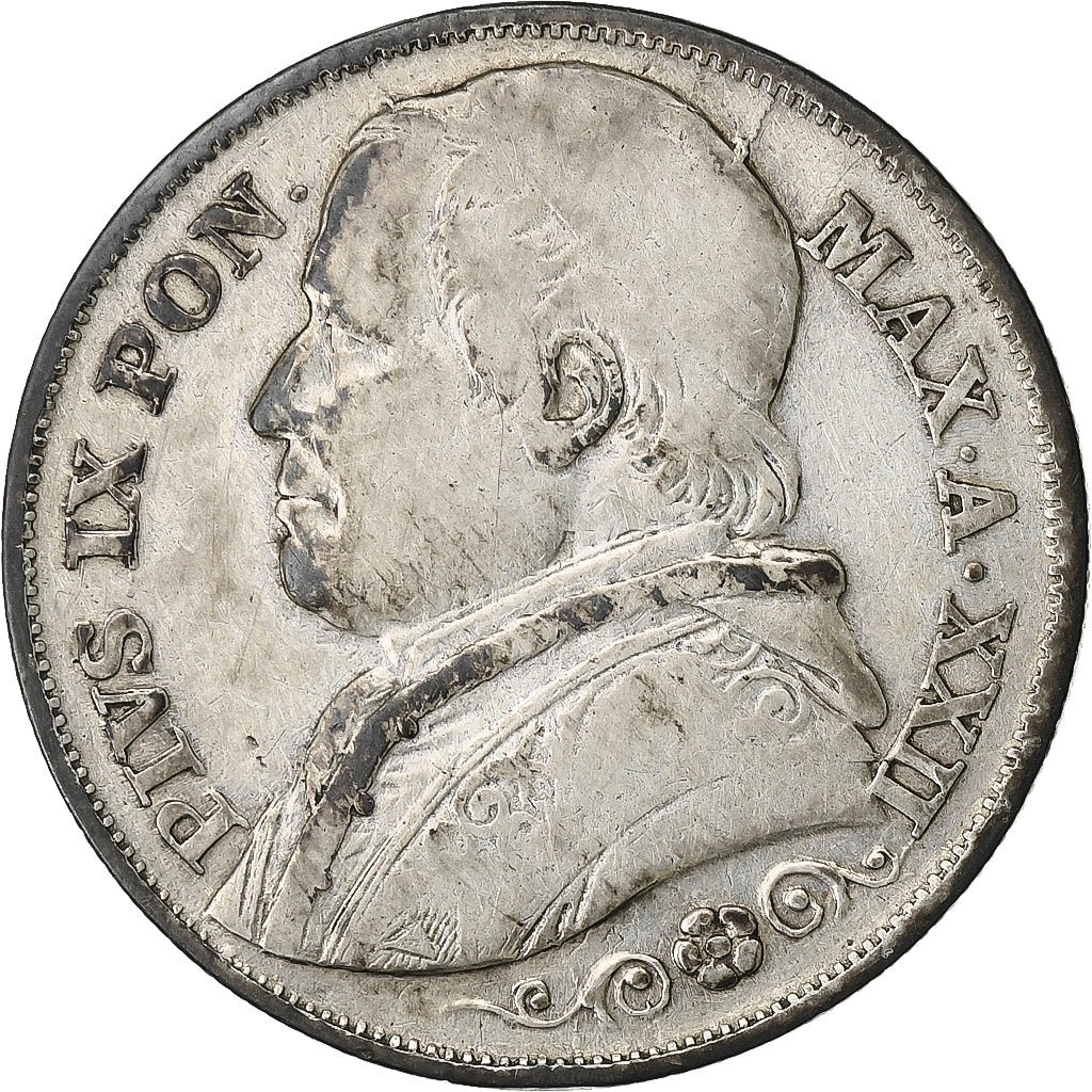 ESTADOS ITALIANOS, PAPAL STATES, Pius IX, 2 Lire, 1868, Rome, Prata, VF(30-35)