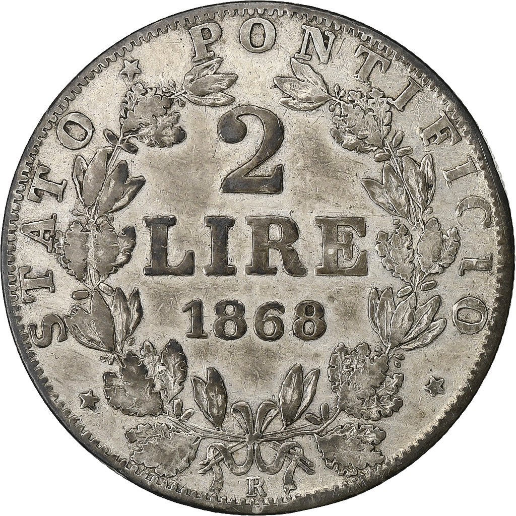 ESTADOS ITALIANOS, PAPAL STATES, Pius IX, 2 Lire, 1868, Rome, Prata, VF(30-35)