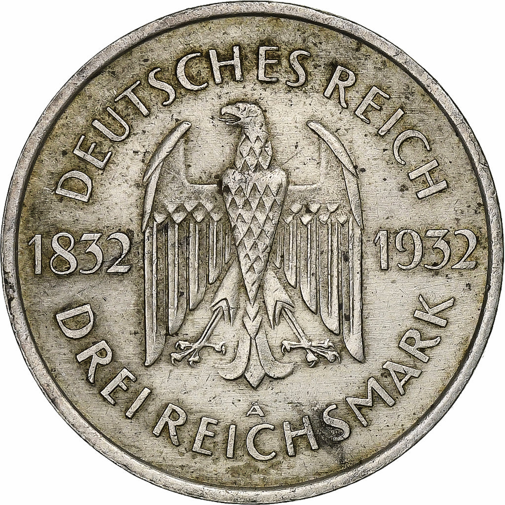 GERMANY, WEIMAR REPUBLIC, 3 Mark, 1932, Berlin, Silver, AU(50-53), KM:76