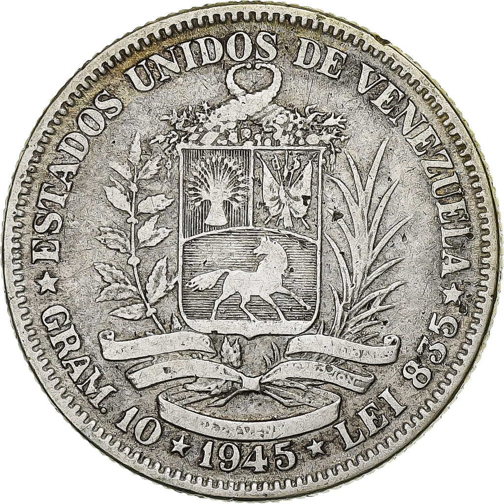 Venezuela, Gram 10, 2 Bolivares, 1945, Philadelphia, Argento, MB+, KM:23a