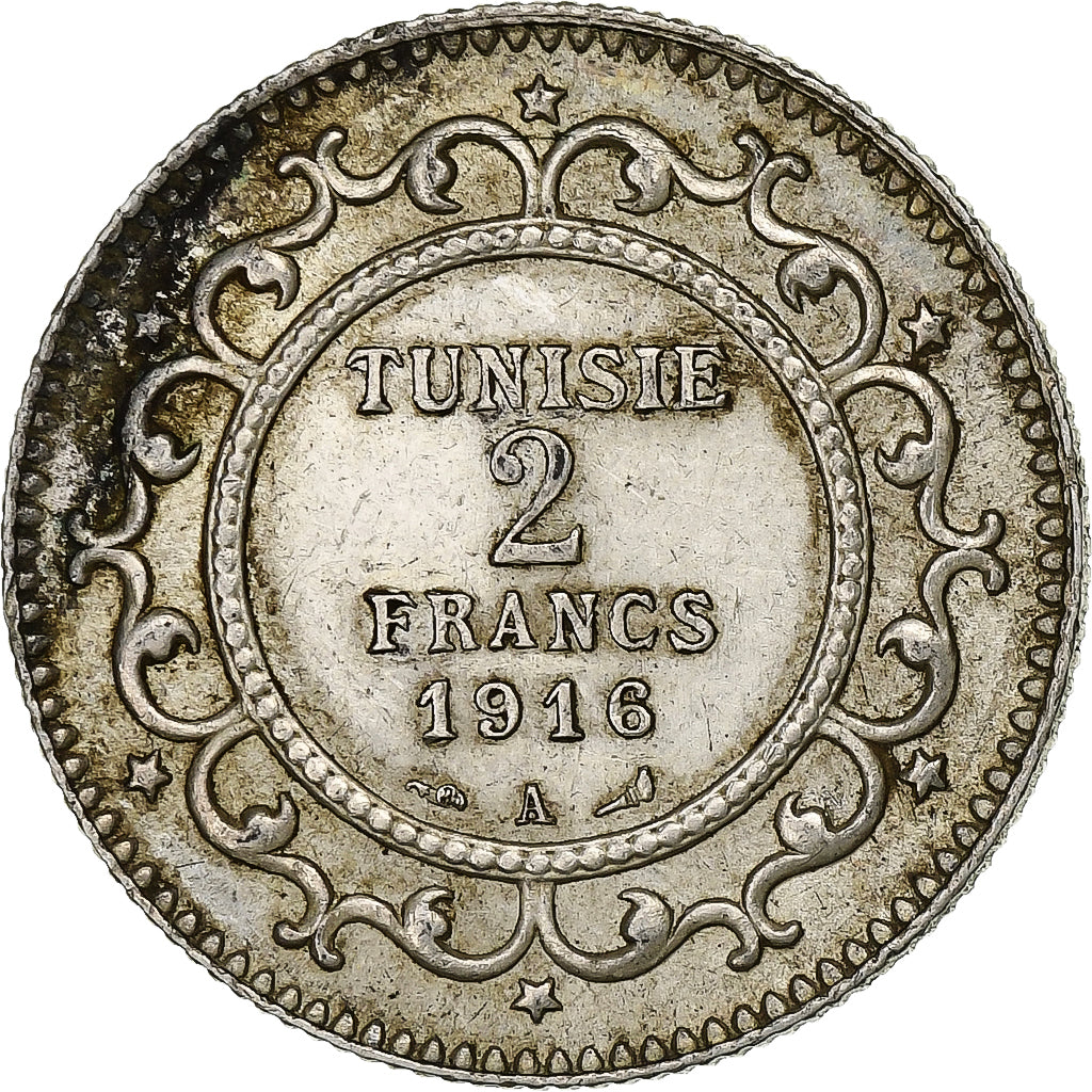 Túnez, Muhammad al-Nasir Bey, 2 Francs, 1916, Paris, Plata, EBC, Lecompte:275