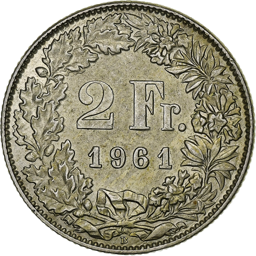 Suíça, 2 Francs, 1961, Bern, Prata, AU(55-58), KM:21