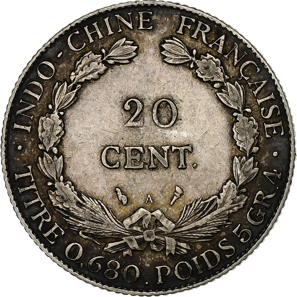 INDOCHINA FRANCESA, 20 Cents, 1921, Paris, Prata, EF(40-45), Lecompte:221