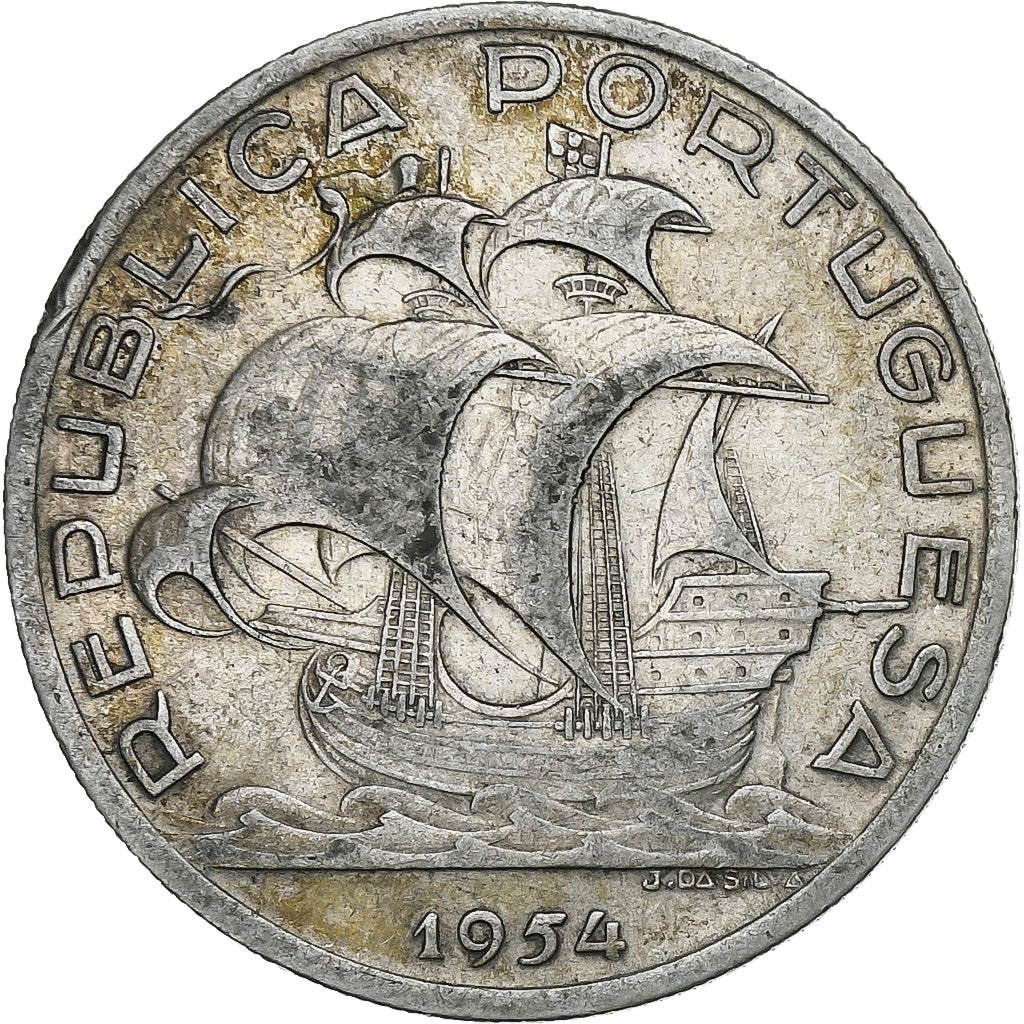 Portugal, 10 Escudos, 1954, Srebro, AU(55-58), KM:586