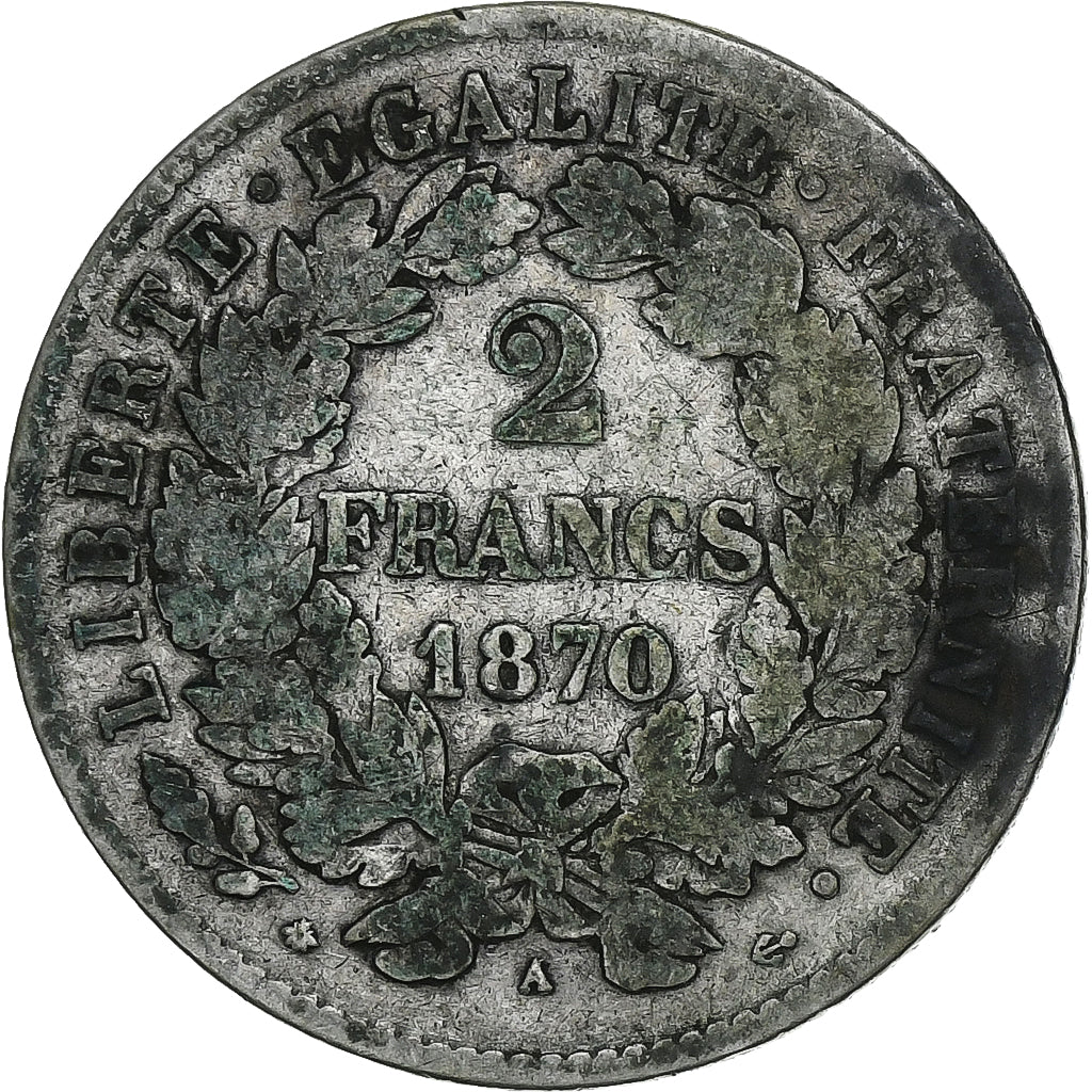 Francia, 2 Francs, Cérès, 1870, Paris, Plata, BC+, Gadoury:530, KM:817.1