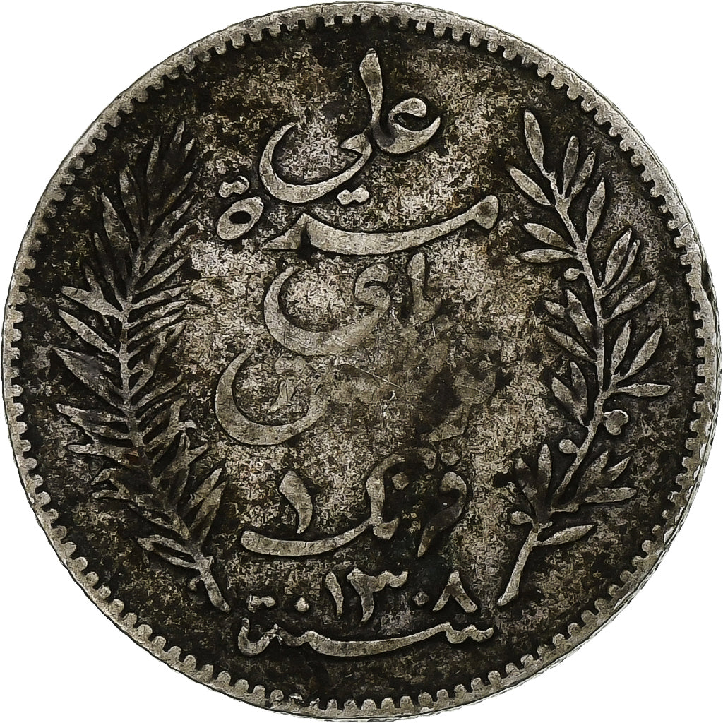 Túnez, Ali Bey, Franc, 1891, Paris, Plata, BC+, Lecompte:189, KM:224