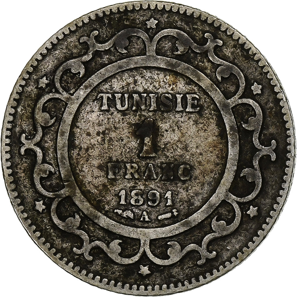 Túnez, Ali Bey, Franc, 1891, Paris, Plata, BC+, Lecompte:189, KM:224