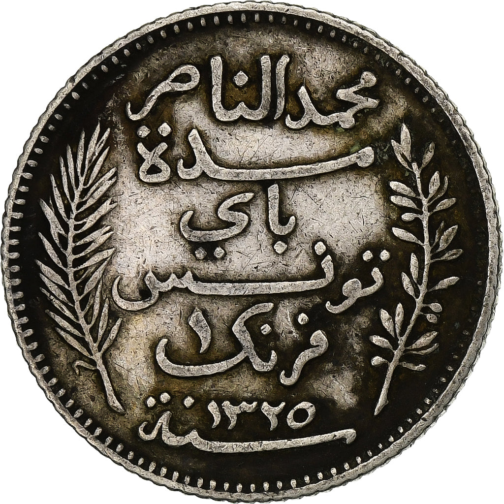 Tunisia, Muhammad al-Nasir Bey, Franc, 1907, Paris, Srebro, EF(40-45), KM:238
