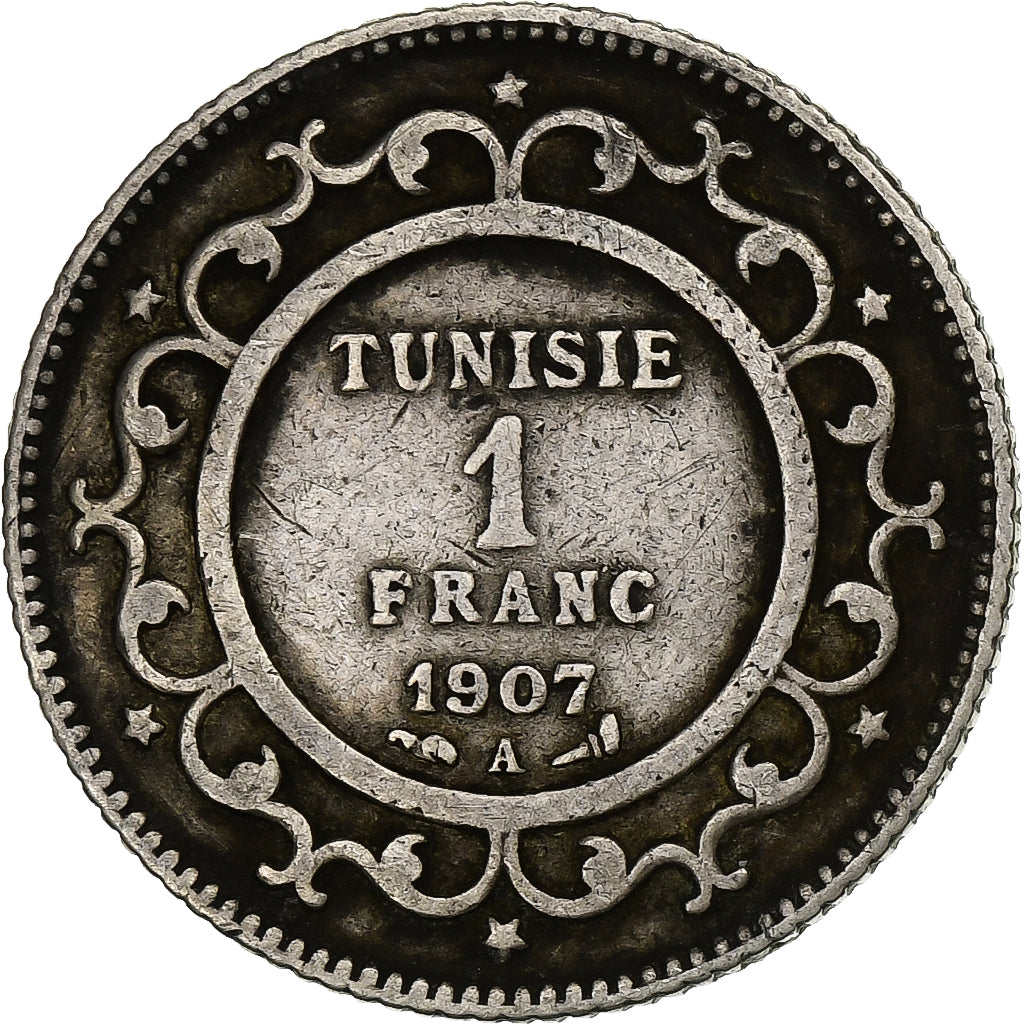 Tunisia, Muhammad al-Nasir Bey, Franc, 1907, Paris, Srebro, EF(40-45), KM:238