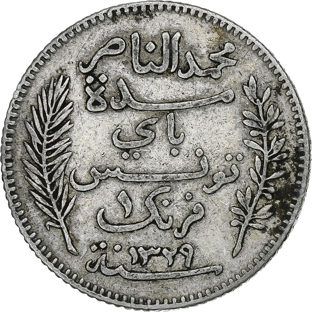 Tunisia, Muhammad al-Nasir Bey, Franc, 1911, Paris, Silver, EF(40-45), KM:238