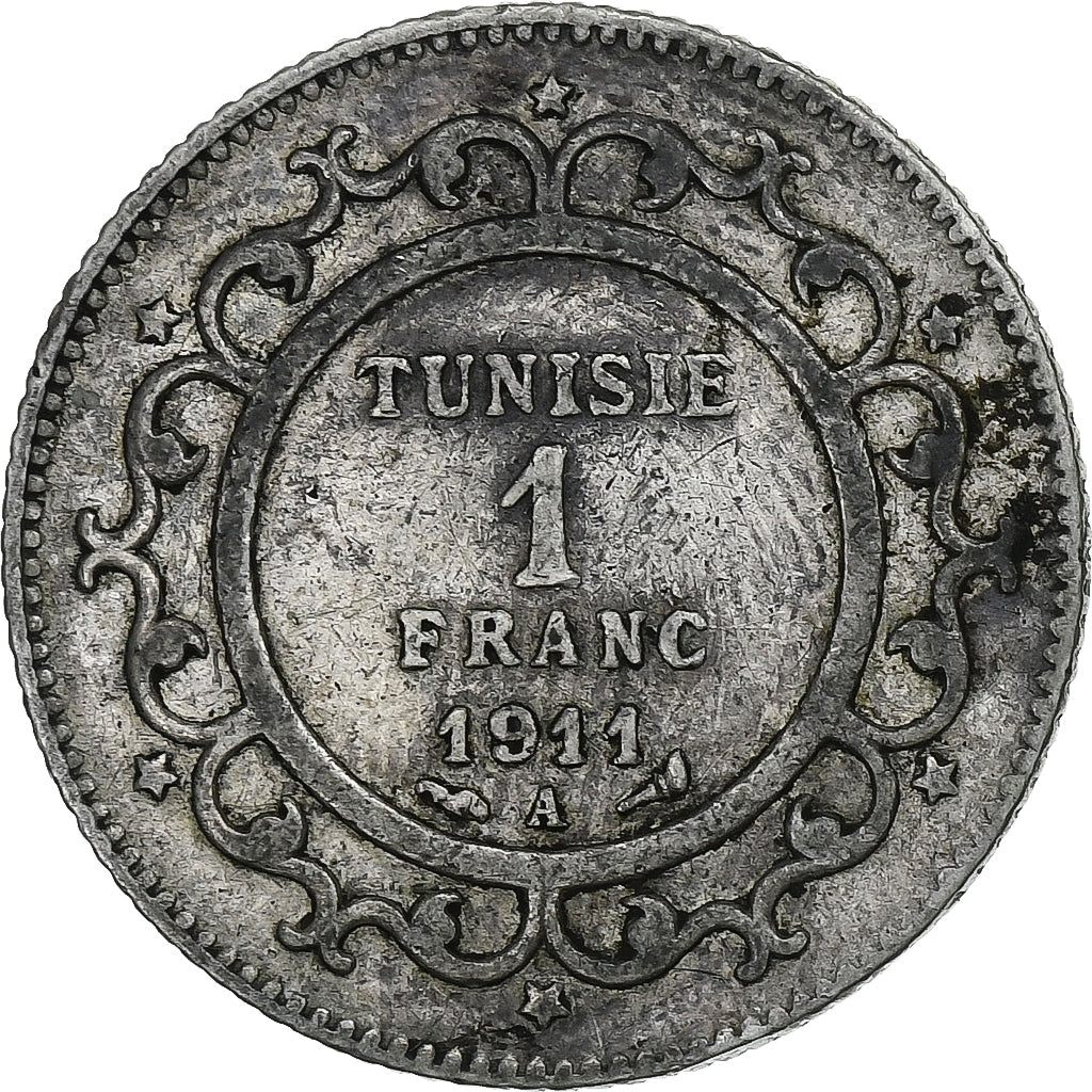 Tunisia, Muhammad al-Nasir Bey, Franc, 1911, Paris, Silver, EF(40-45), KM:238
