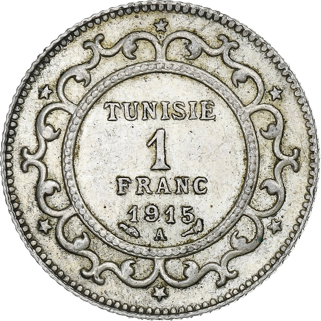 Tunisia, Muhammad al-Nasir Bey, Franc, 1915, Paris, Silver, AU(55-58), KM:238
