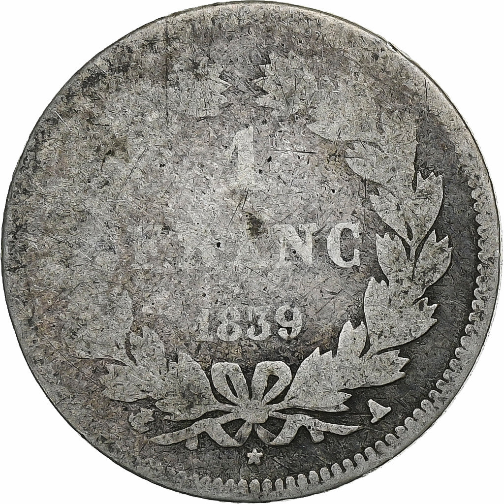 France, Louis-Philippe, Franc, 1839, Paris, Silver, VG(8-10), Gadoury:453