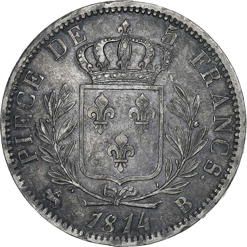 Frankrijk, Louis XVIII, 5 Francs, 1814, Rouen, Zilver, ZF, Gadoury:591, Le