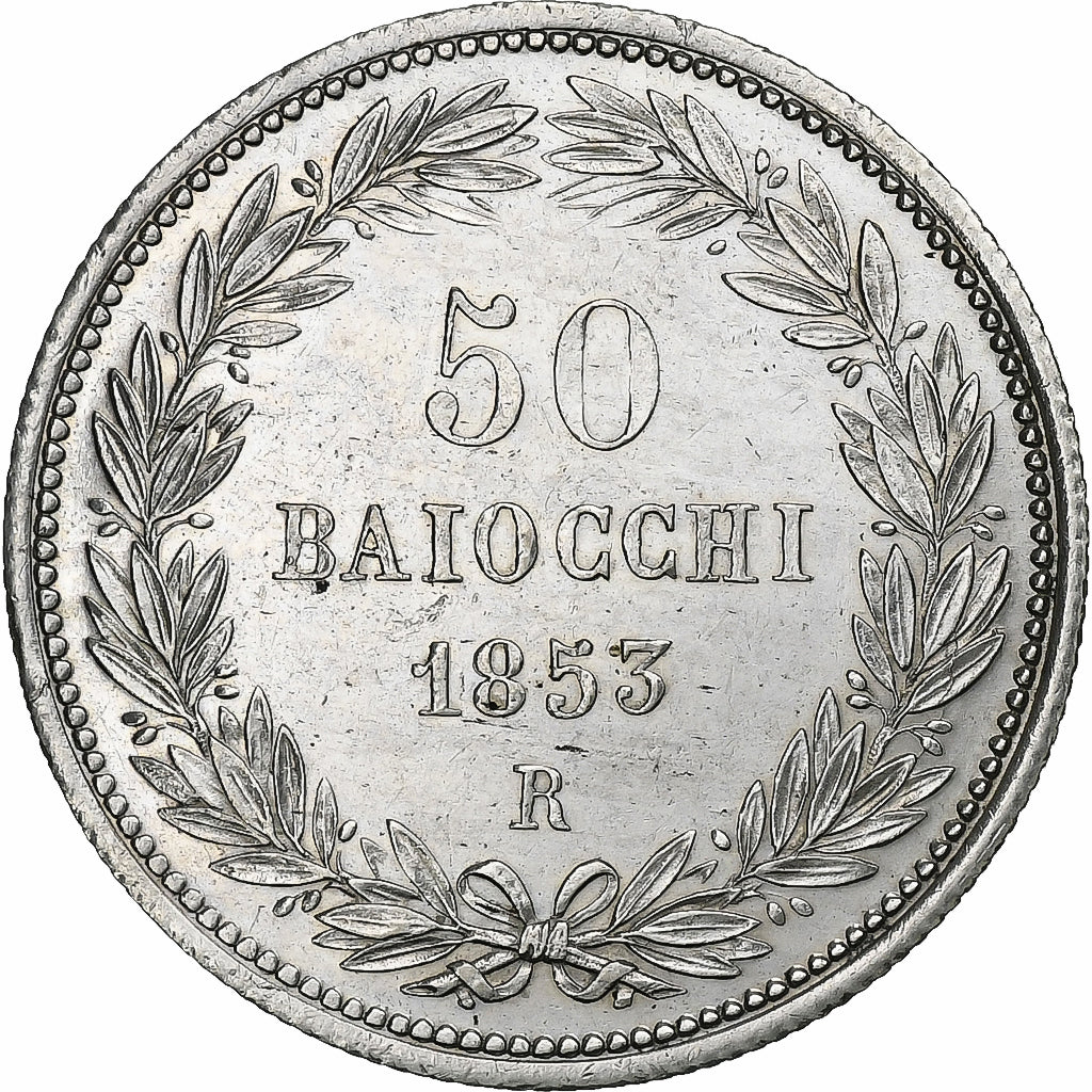 Papal States, Pius IX, 50 Baiocchi, 1853, Rome, Prata, MS63, KM:1357