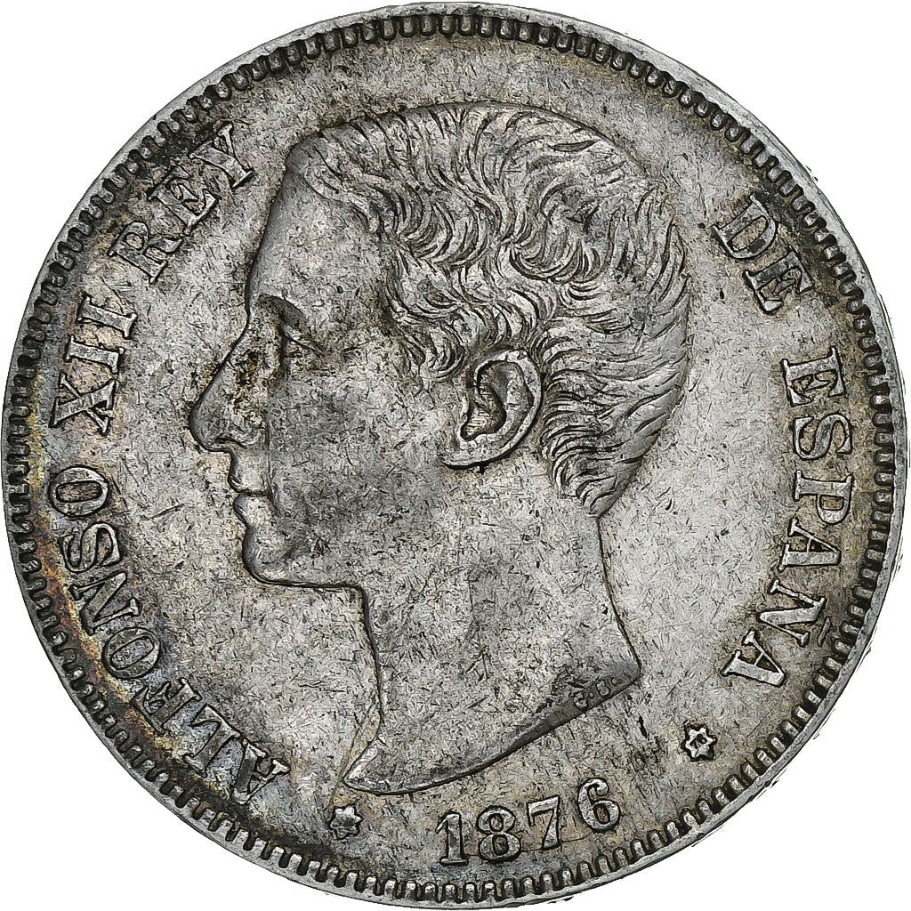 España, Alfonso XII, 5 Pesetas, 1876, Madrid, Plata, MBC, KM:671
