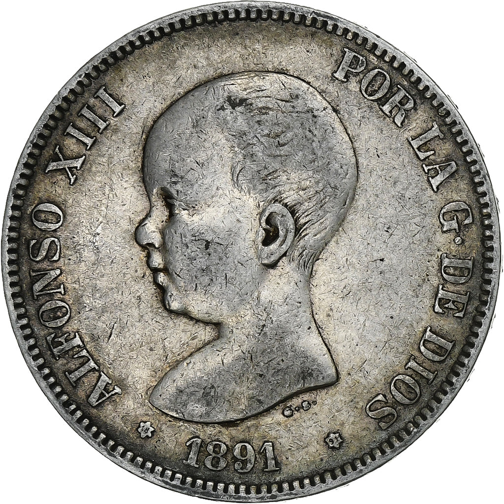 Spain, Alfonso XIII, 5 Pesetas, 1891, Silver, VF(30-35), KM:689