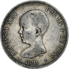 Spain, Alfonso XIII, 5 Pesetas, 1891, Silver, VF(30-35), KM:689