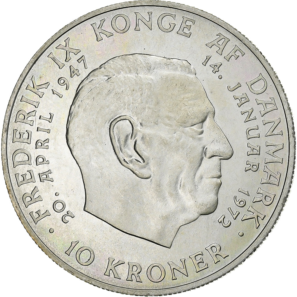 Dinamarca, Margrethe II, 10 Kroner, 1972, Copenhagen, Prata, MS(63), KM:858