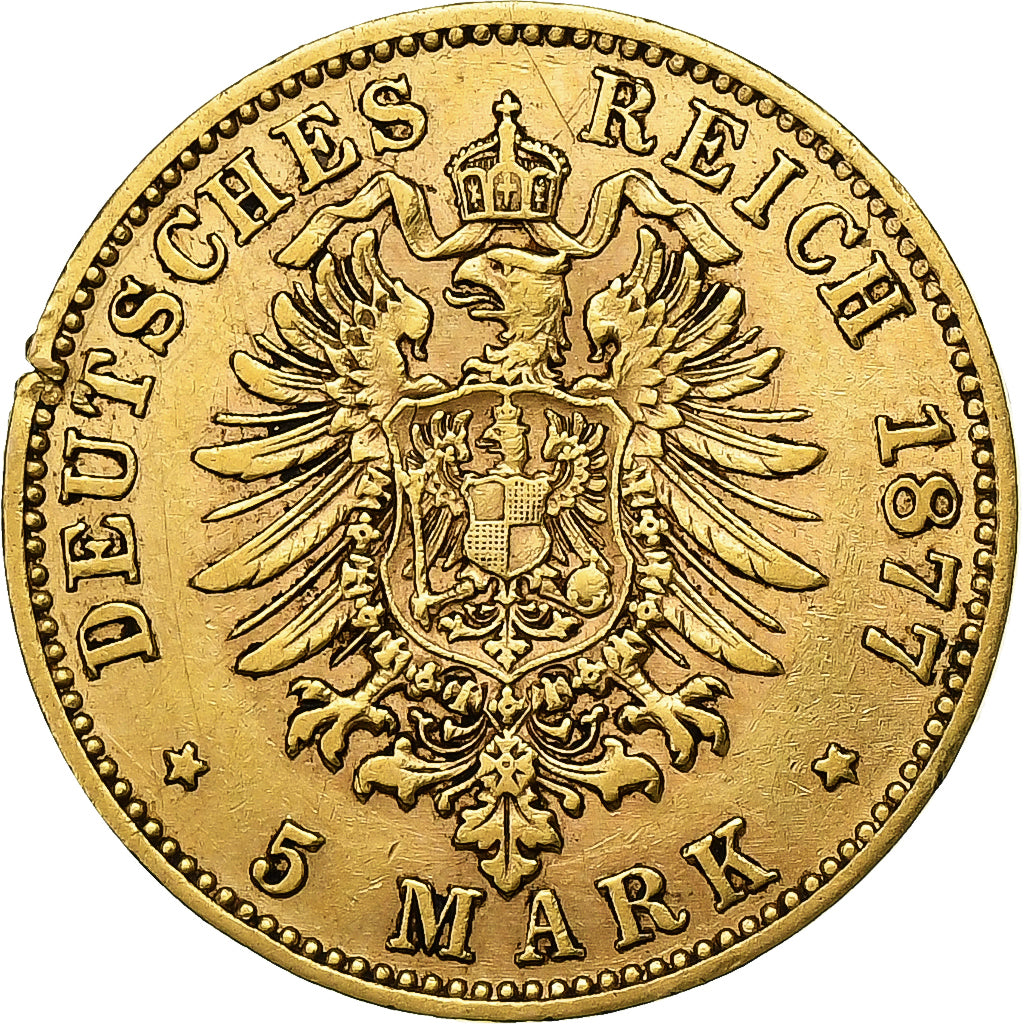 German States, PRUSSIA, Wilhelm I, 5 Mark, 1877, Frankfurt, Gold, VF(30-35)