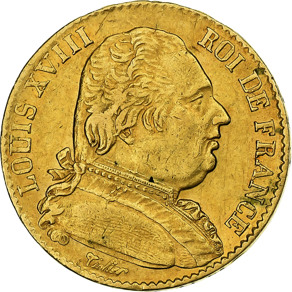 Francja, Louis XVIII, 20 Francs, Louis XVIII, 1815, Paris, Złoto, AU(50-53)