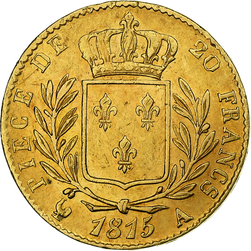 Francja, Louis XVIII, 20 Francs, Louis XVIII, 1815, Paris, Złoto, AU(50-53)