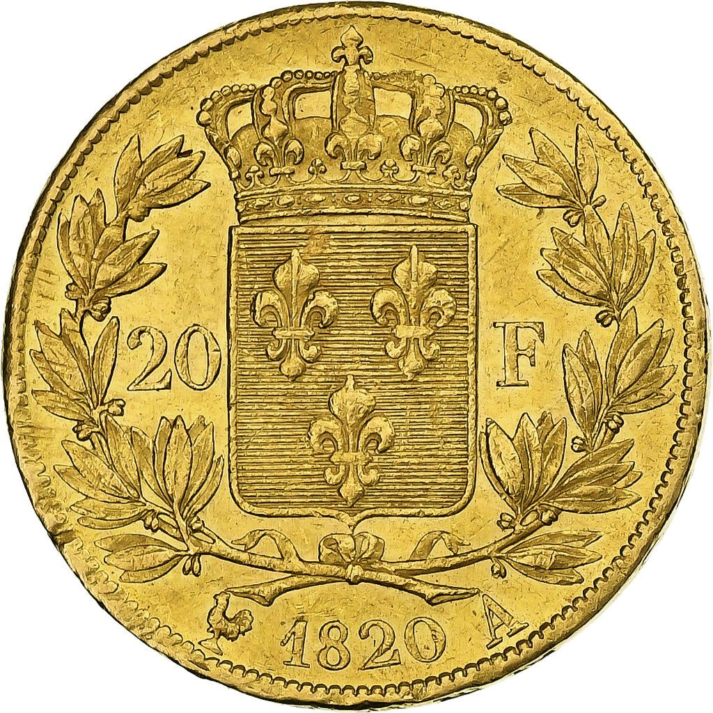 França, Louis XVIII, 20 Francs, 1820, Paris, Dourado, AU(55-58), Gadoury:1028
