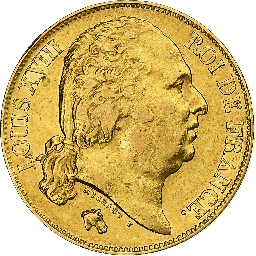 França, Louis XVIII, 20 Francs, 1822, Paris, Dourado, AU(50-53), Le
