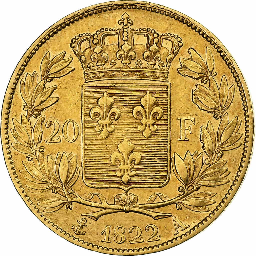 França, Louis XVIII, 20 Francs, 1822, Paris, Dourado, AU(50-53), Le