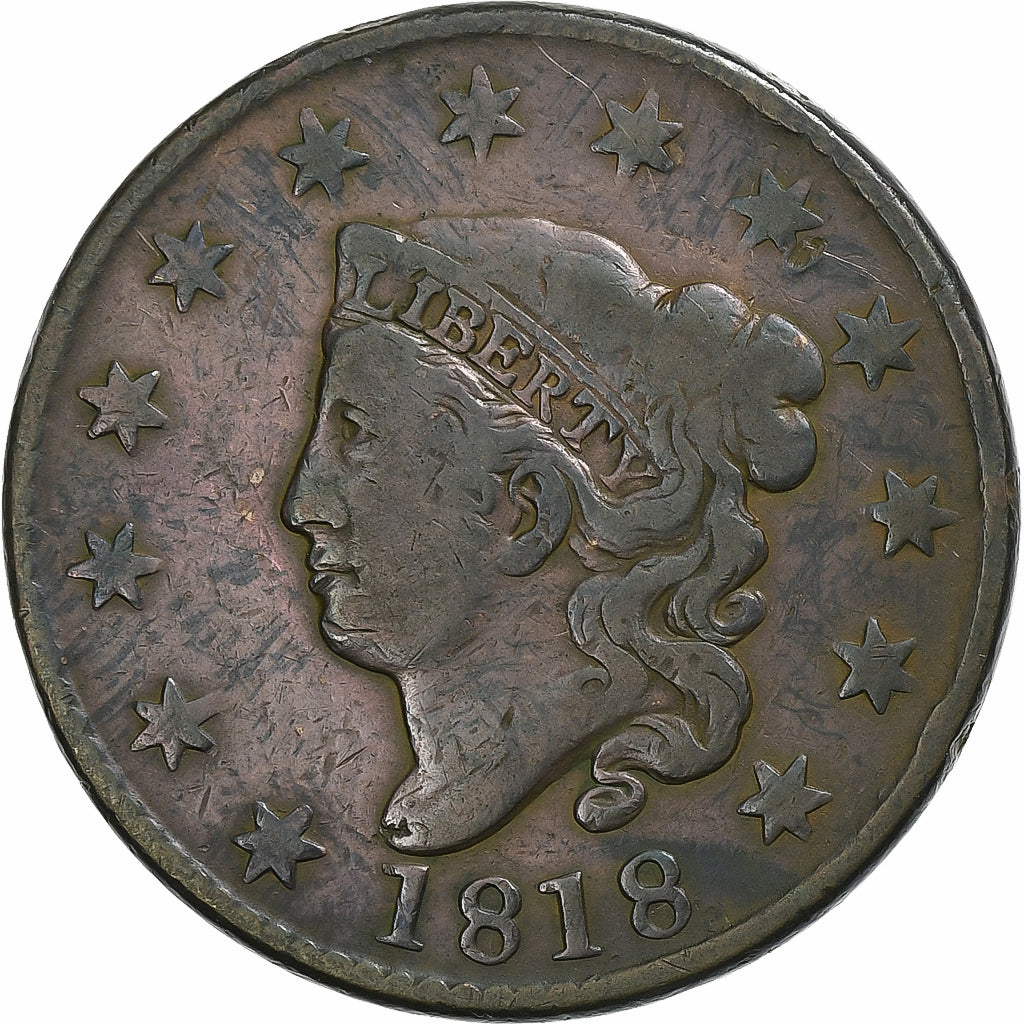 United States, 1 Cent, Coronet Head, 1818, Philadelphia, Copper, VF(30-35)