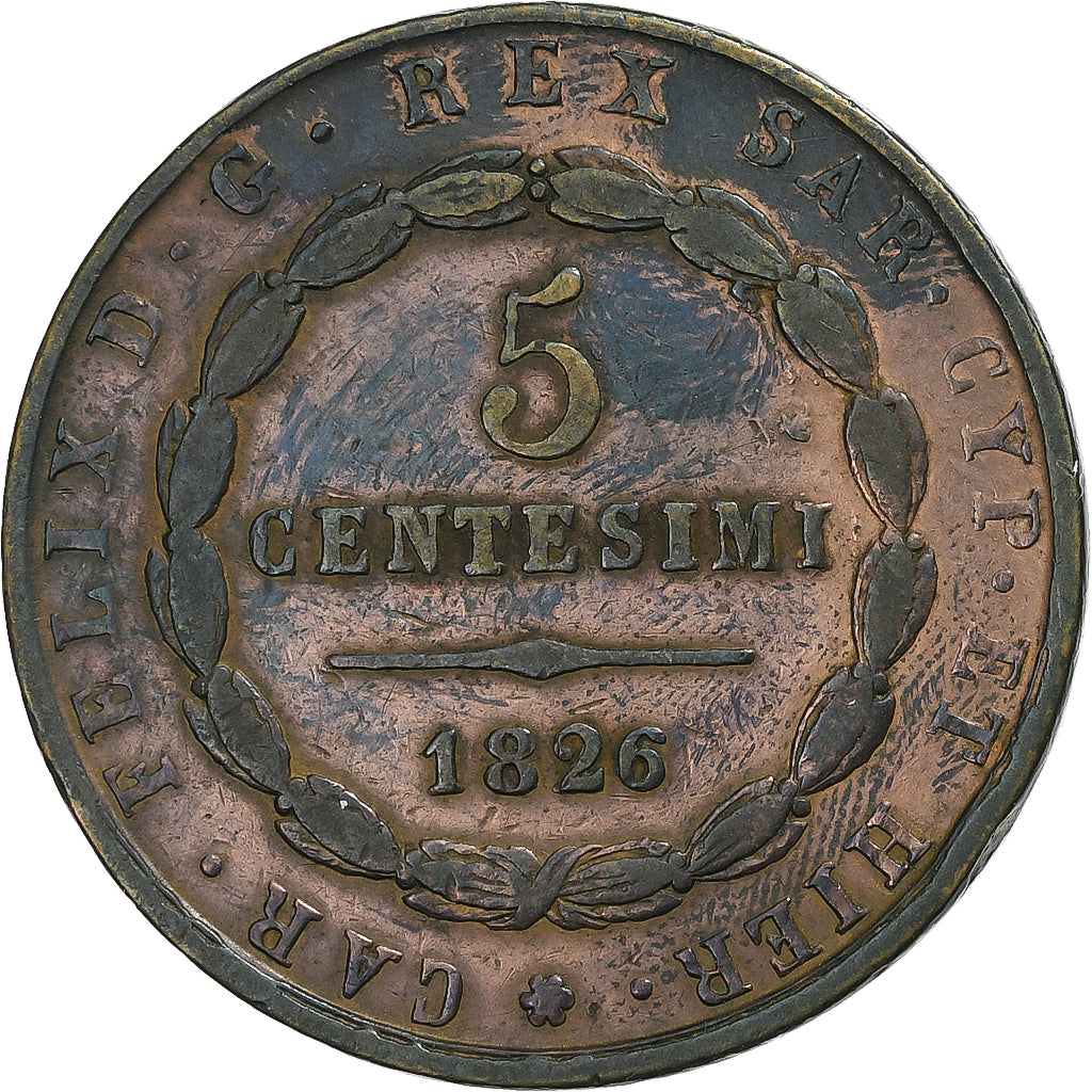 Italy, Kingdom of Sardinia, Carlo Felice, 5 Centesimi, 1826, Torino, Copper