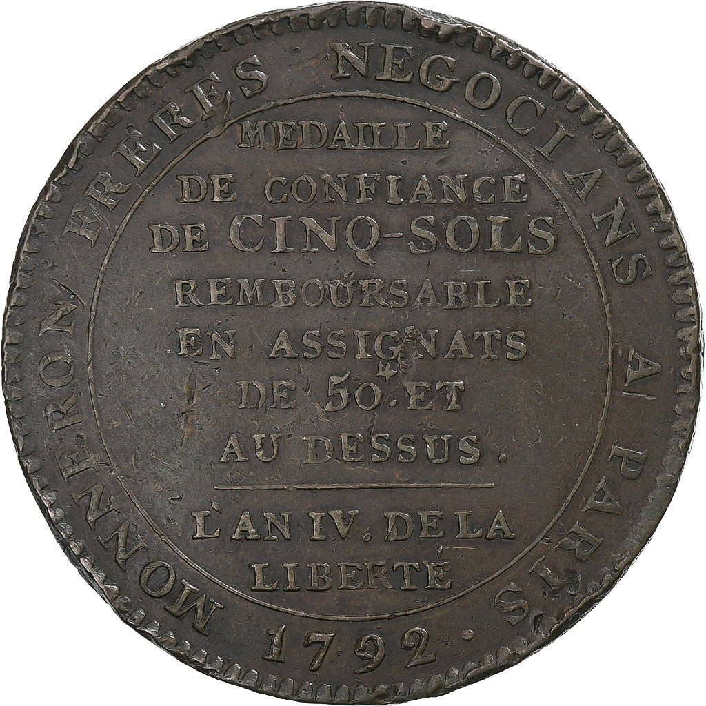 France, 5 Sols, Monneron, 1792, Paris, Bronze, VF(30-35), KM:Tn31