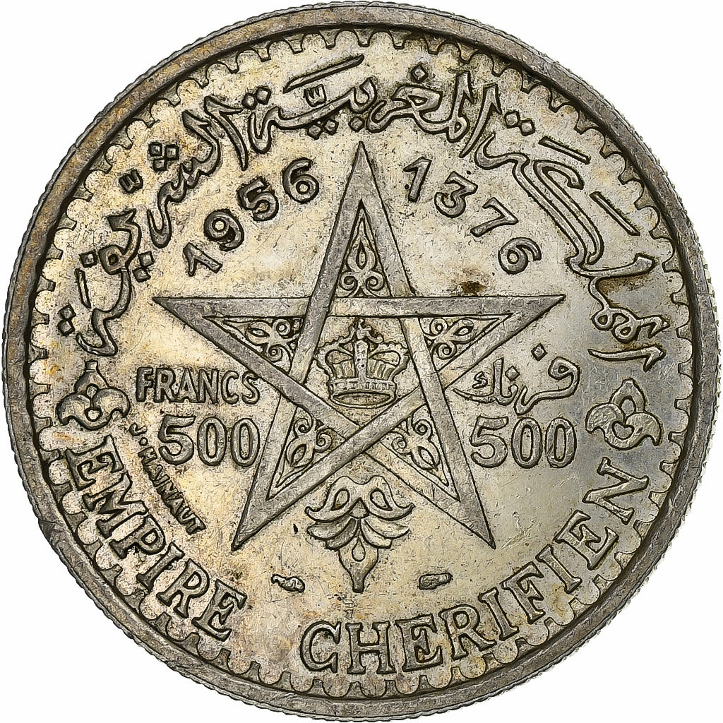 Morocco, Mohammed V, 500 Francs, 1956, Paris, Silver, AU(55-58), KM:54