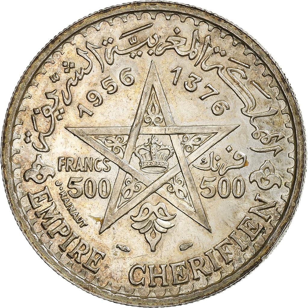 Morocco, Mohammed V, 500 Francs, 1956, Paris, Silver, AU(55-58), KM:54