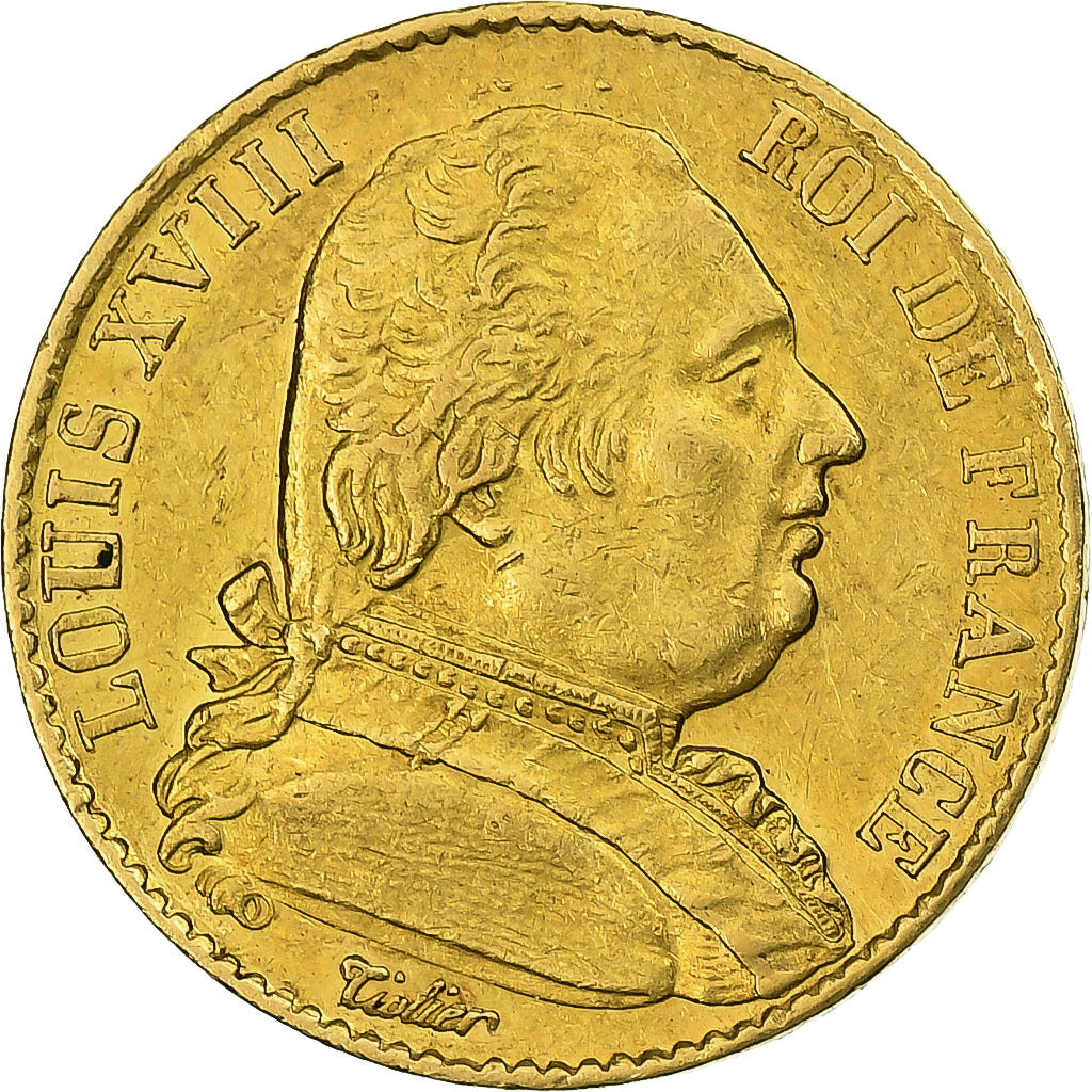 França, Louis XVIII, 20 Francs, 1814, Paris, Dourado, MS(60-62), Gadoury:1026