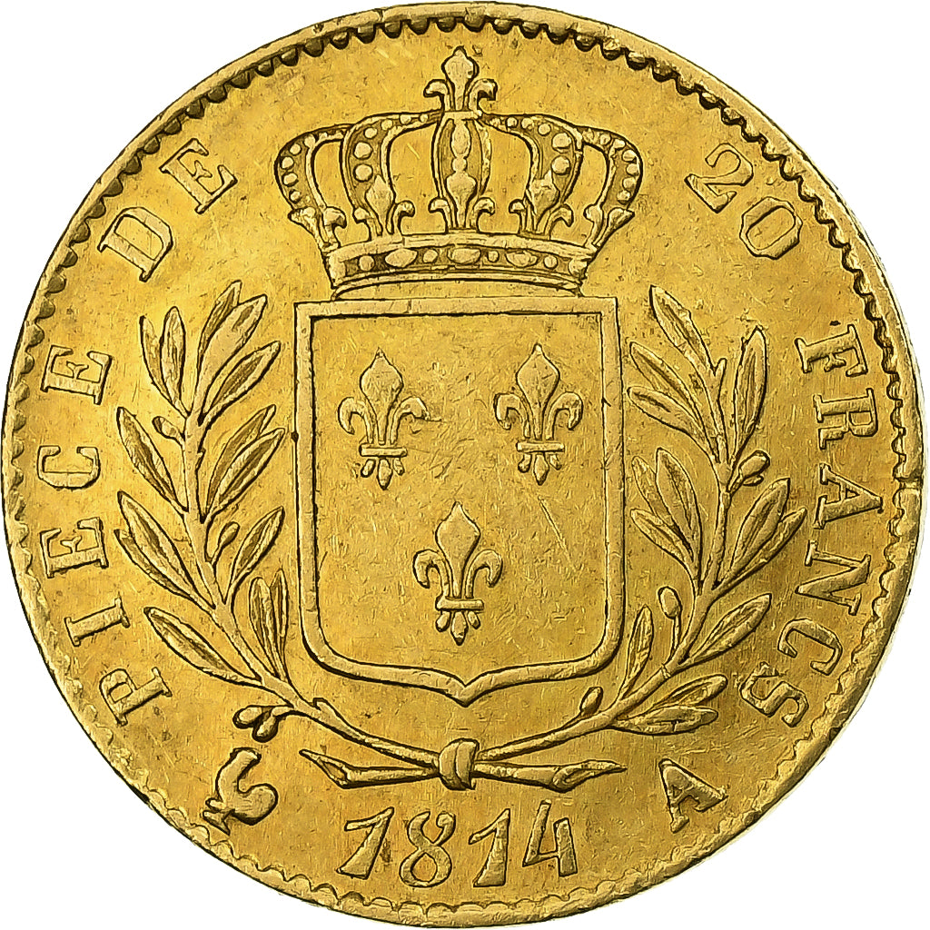 França, Louis XVIII, 20 Francs, 1814, Paris, Dourado, MS(60-62), Gadoury:1026
