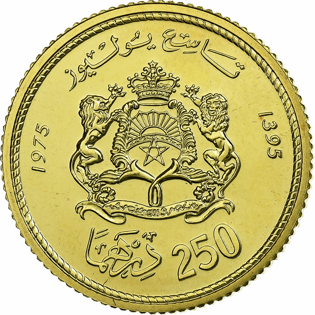 Morocco, al-Hassan II, 250 Dirhams, 1975/AH1395, Gold, MS(65-70), KM:66