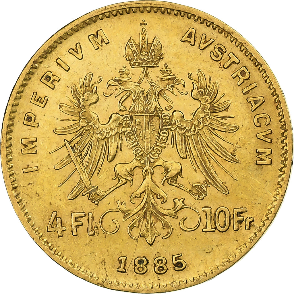 Áustria, Franz Joseph I, 4 Florin 10 Francs, 1885, Vienna, Dourado, AU(55-58)
