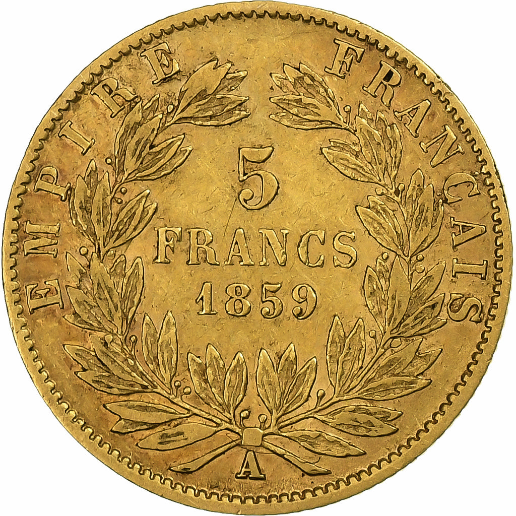 Francia, Napoleon III, 5 Francs, 1859, Paris, Oro, MB+, Le Franc:F.501, KM:787.1