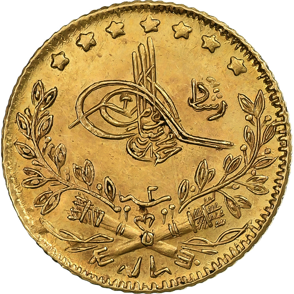 Turchia, Muhammad V, 25 Kurush, 1910, Qustantiniyah, Oro, SPL, KM:752